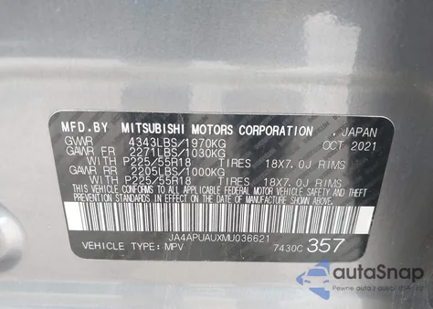 2021 Mitsubishi Outlander Sport 2.0 Be 2Wd/2.0 Es 2Wd/2.0 Le 2Wd/2.0 S 2Wd из США, поврежденный, VIN JA4APUAUXMU036621